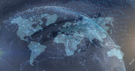 Image of eye of caucasian woman over global network and processing data