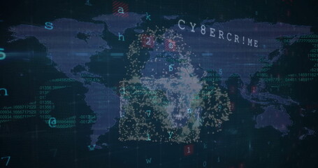 Image of data processing, security warnings, cloud and padlock networks over world map