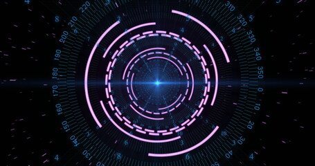 Image of pink circular scanner, blue light and processing data on black background
