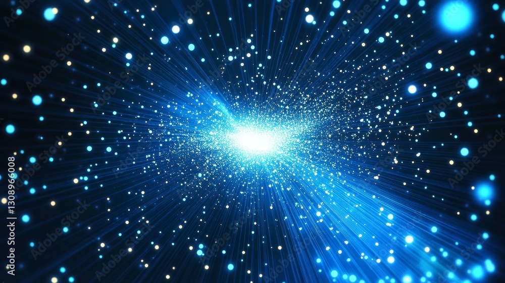 Poster a dynamic and vibrant image of blue particles exploding into the digital space, evoking themes of te