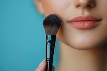 Close-up of a woman expertly applying professional makeup with a brush against a vibrant blue background