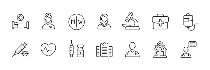 Flat linear icons set of medical and healthcare essentials.