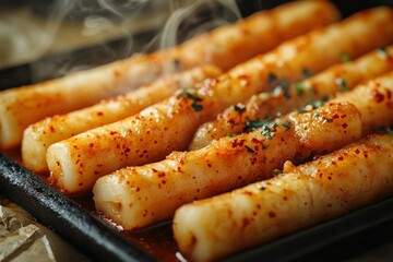 Delicious tteokbokki served hot with spicy seasoning