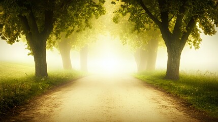 Naklejka premium Magical Path Through Foggy Trees at Dawn