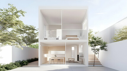 Fototapeta premium Architectural Cross Section House Design With White Interior and Exterior Rendered Under Sunny Sky