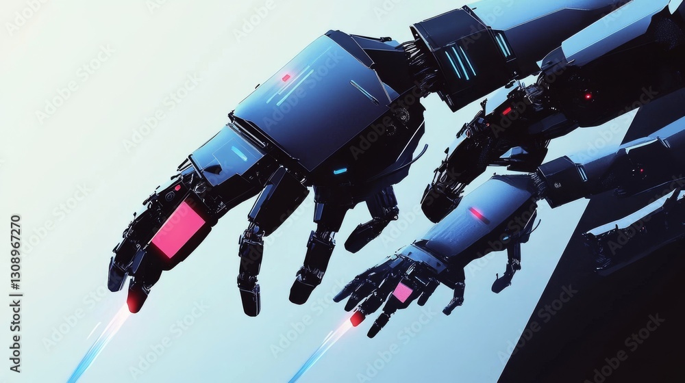 Poster a close-up view of sleek robotic hands in action, with glowing red and blue lights at their fingerti