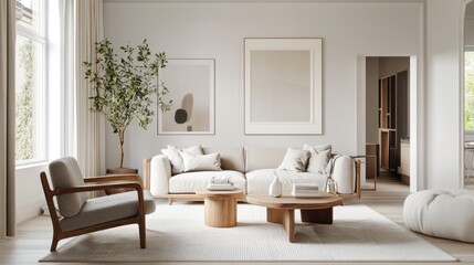 A modern and bright living room with natural elements inside