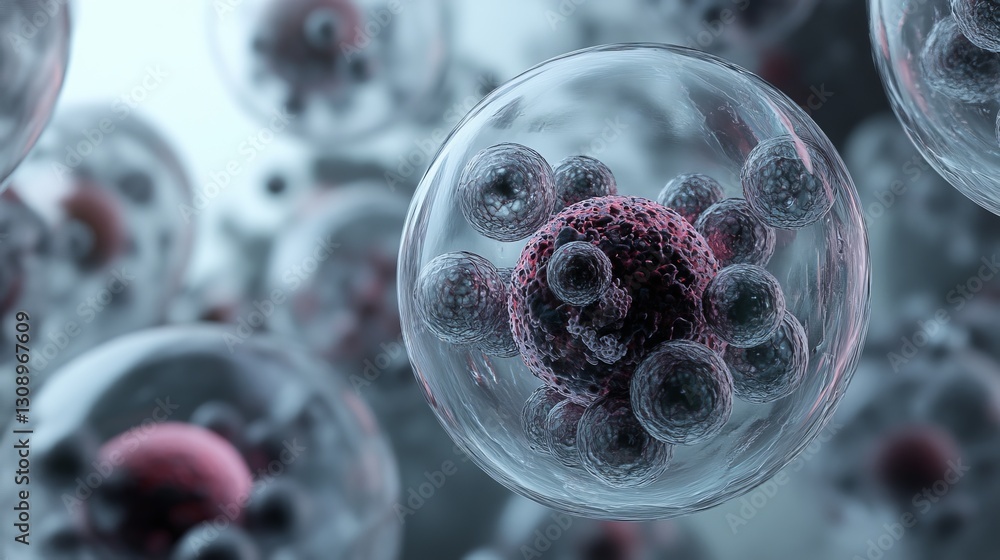 Poster intricate 3d illustration of a cell structure with a prominent nucleus surrounded by smaller particl