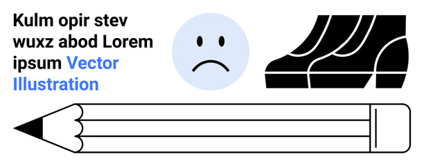 Pencil with bold lines, sad face emoticon, black silhouette of shoes, and placeholder text. Ideal for education, creativity, emotions, writing, minimalistic design school supplies flat landing page
