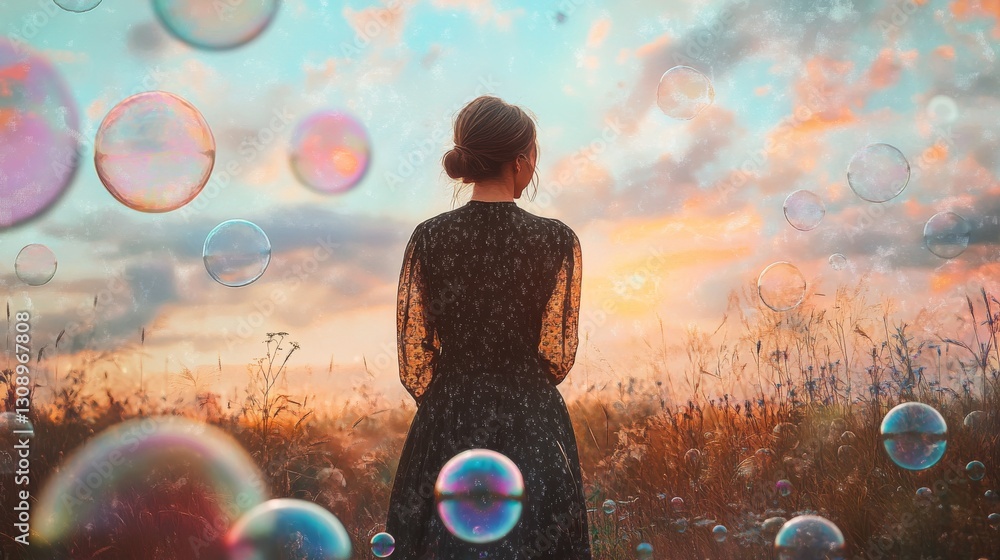 Poster a woman stands in a dreamy field at sunset, surrounded by floating bubbles, creating a surreal and m