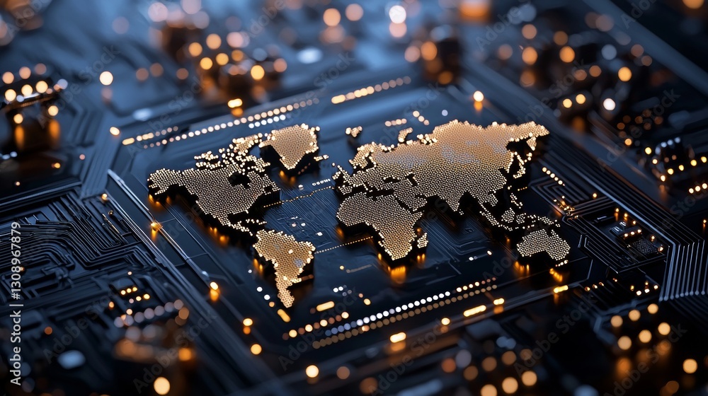 Poster global connectivity and digital innovation illustrated through a detailed circuit board world map te