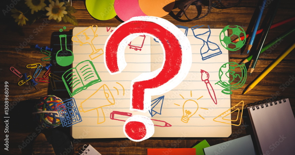 Poster image of question mark over school items and icons