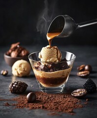 Scoop of gelato topped with fresh espresso creates an indulgent treat