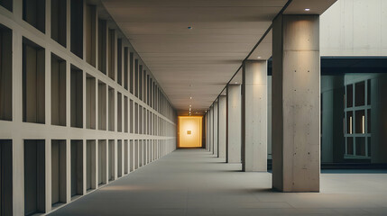Obraz premium Perspective View Of A Concrete Hallway With Grid Walls And Bright Light At The End