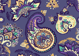 Seamless paisley pattern in Oriental style with floral and ethnic motifs for printed fabric, wallpaper, and packaging