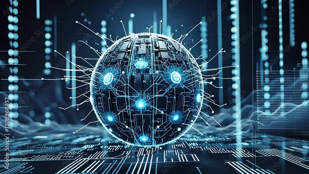 Poster futuristic digital sphere with glowing blue network connections and high-tech data streams in a cybe