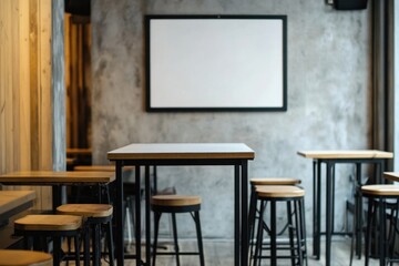 Modern cafe interior with empty white board, wooden tables and black metal stools.