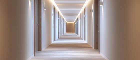 Fototapeta premium Modern hotel corridor, empty, wood floor, recessed lighting, calm