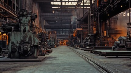 Fototapeta premium A massive black-hued factory floor with large automated machines.