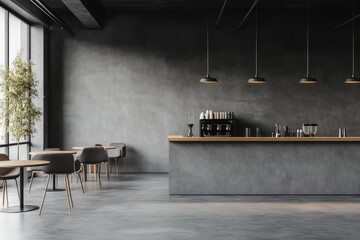 Modern cafe interior with exposed concrete walls, wooden bar, and comfortable seating.