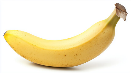 A lone banana isolated on a clean white surface, with a clipping path for easy editing.
