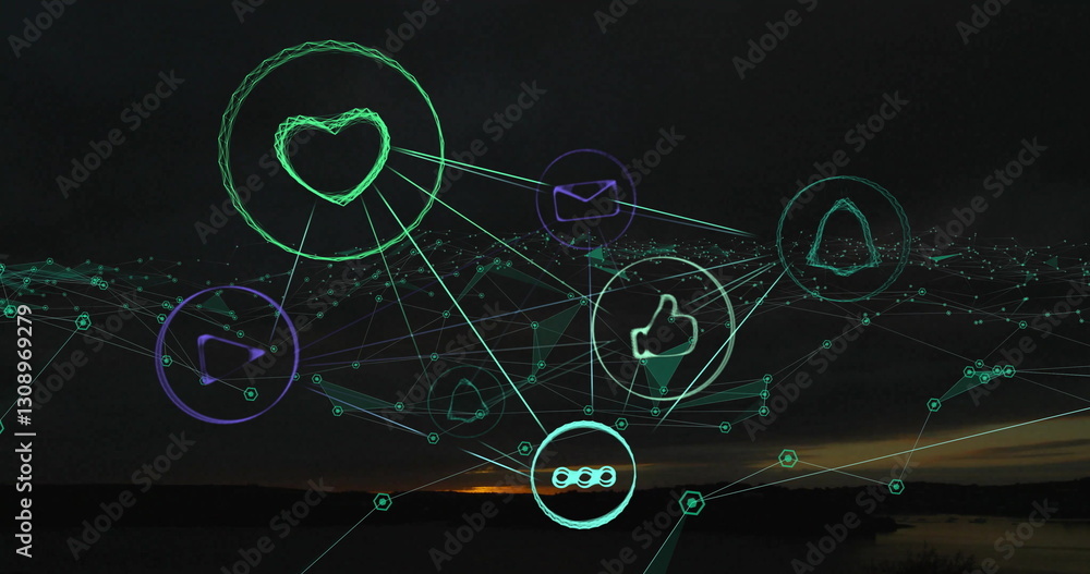 Poster image of network of connections with icons on black background