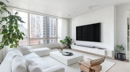 Fototapeta premium Modern white apartment living room, city view, minimalist decor, real estate