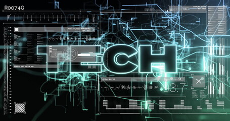 Image of digital data processing over tech texy and computer servers