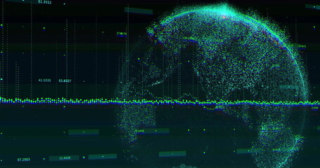 Image of financial data processing with globe on black background