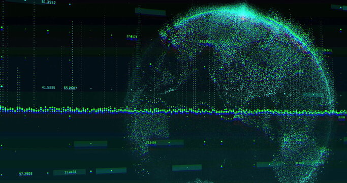 Image of financial data processing with globe on black background - Powered by Adobe