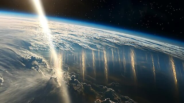 Stunning view of Earth from space, showcasing a dramatic display of atmospheric phenomena, possibly sprites or lightning, over a layer of clouds against the backdrop of dark space.