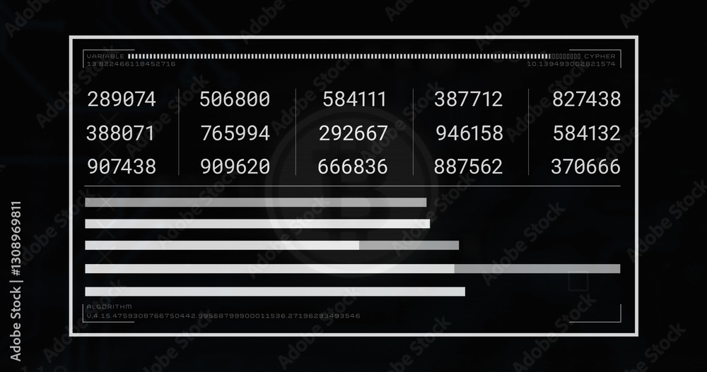 Poster image of data processing over bitcoin symbol on black background