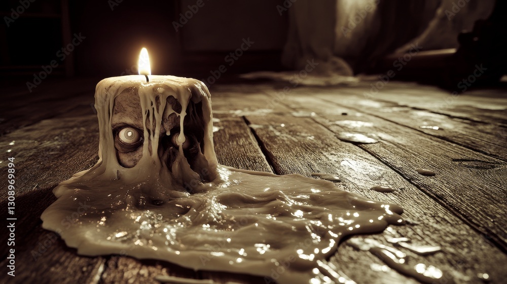 Poster a candle melts into a distorted face with one glowing eye, adding an eerie atmosphere to a dimly lit