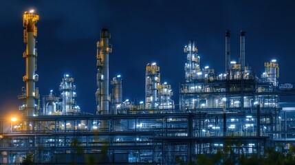 A nighttime view of a manufacturing plant with glowing neon lights.
