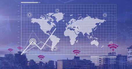 Image of financial data processing with world map over cityscape