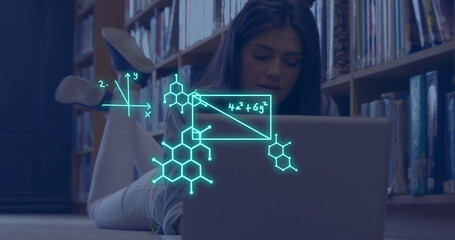 Image of mathematical equations over caucasian female student using laptop