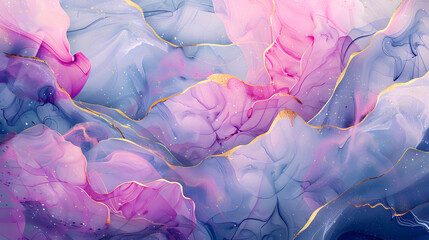 Alcohol ink painting with gold leading edge in relief, featuring pink and purple hues blending seamlessly in a fluid design.