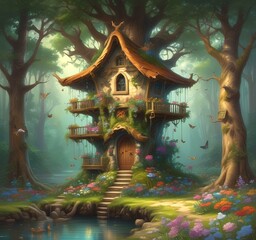 Fototapeta premium Illustration of goblin house in green forest.