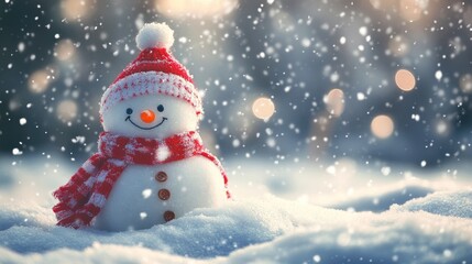 Fototapeta premium A delightful snowman adorned with a red hat and matching scarf, surrounded by falling snow in a softly lit winter wonderland. The bright smile and glowing lights in the background create a joyful