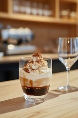 Delicious affogato with whipped cream served in a cozy cafe setting