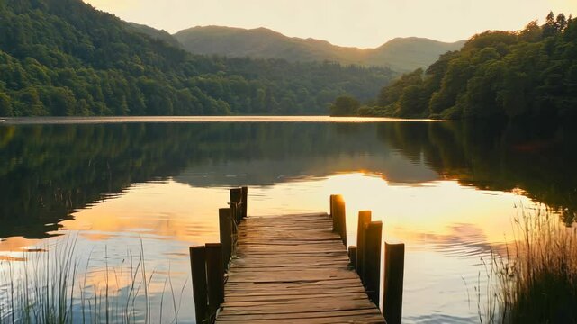 A rustic wooden dock extending into a calm lake surrounded by lush green hills