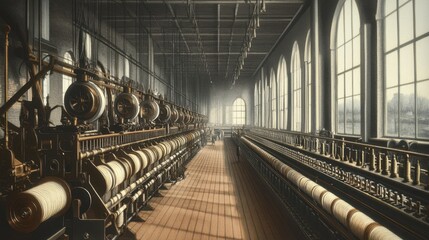 Obraz premium A sprawling interior of a textile factory, with giant weaving machines and spools of fabric.