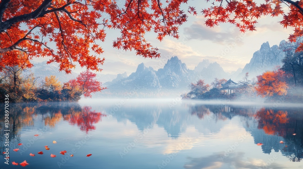 Aufkleber autumn landscape with trees and colorful foliage reflecting in a calm lake with mist in the backgrou