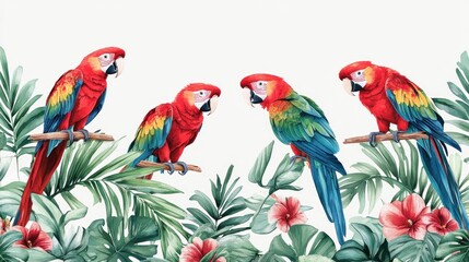 Tropical parrots on branch, hibiscus, palm leaves.  Perfect for textile print