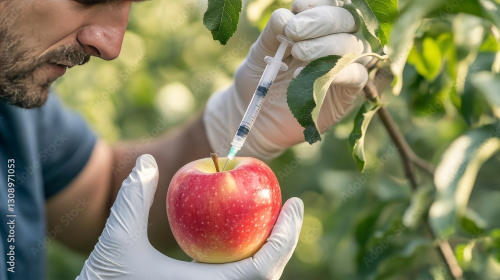 Aufkleber a close-up of a scientist using a syringe to inject an apple, symbolizing genetic modification or ag