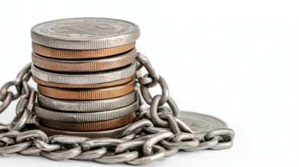 A Stacked coins secured with metal chain symbolize financial security and stability. This conveys importance of safeguarding assets and wealth management