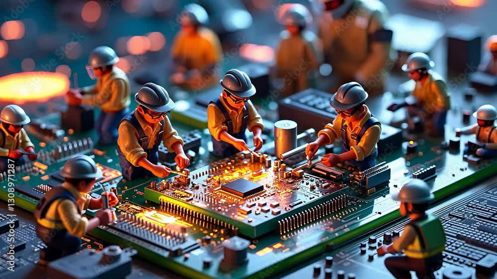 Poster miniature construction workers assembling a high-tech microchip on a circuit board in a futuristic t