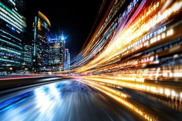 A City skyline at night with vibrant light trails and motion blur, showcasing urban energy and technology. illuminated buildings reflect modern metropolis