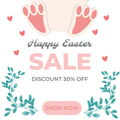 Happy Easter, holiday information sale, 50% off, buy now. Cute Easter bunny, vector illustration of the Holy holiday, design with rabbits in the shape of an egg with flowers and green twigs