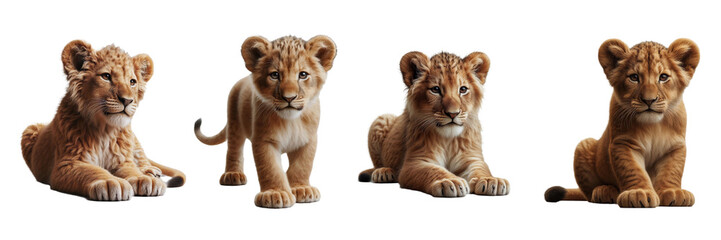 Obraz premium A group of four lion cubs is exploring their environment, each displaying unique poses. Their fur is soft and fluffy, with bright eyes reflecting curiosity and playfulness in a natural setting